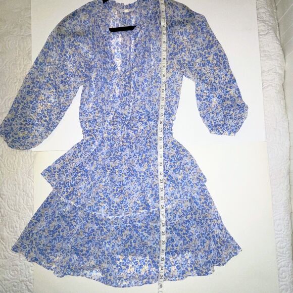 Endless Blu Tiered Ruffle 3/4 Sleeve Dress Tie Neck Blue Floral Tie Neck Mini S - Picture 10 of 13